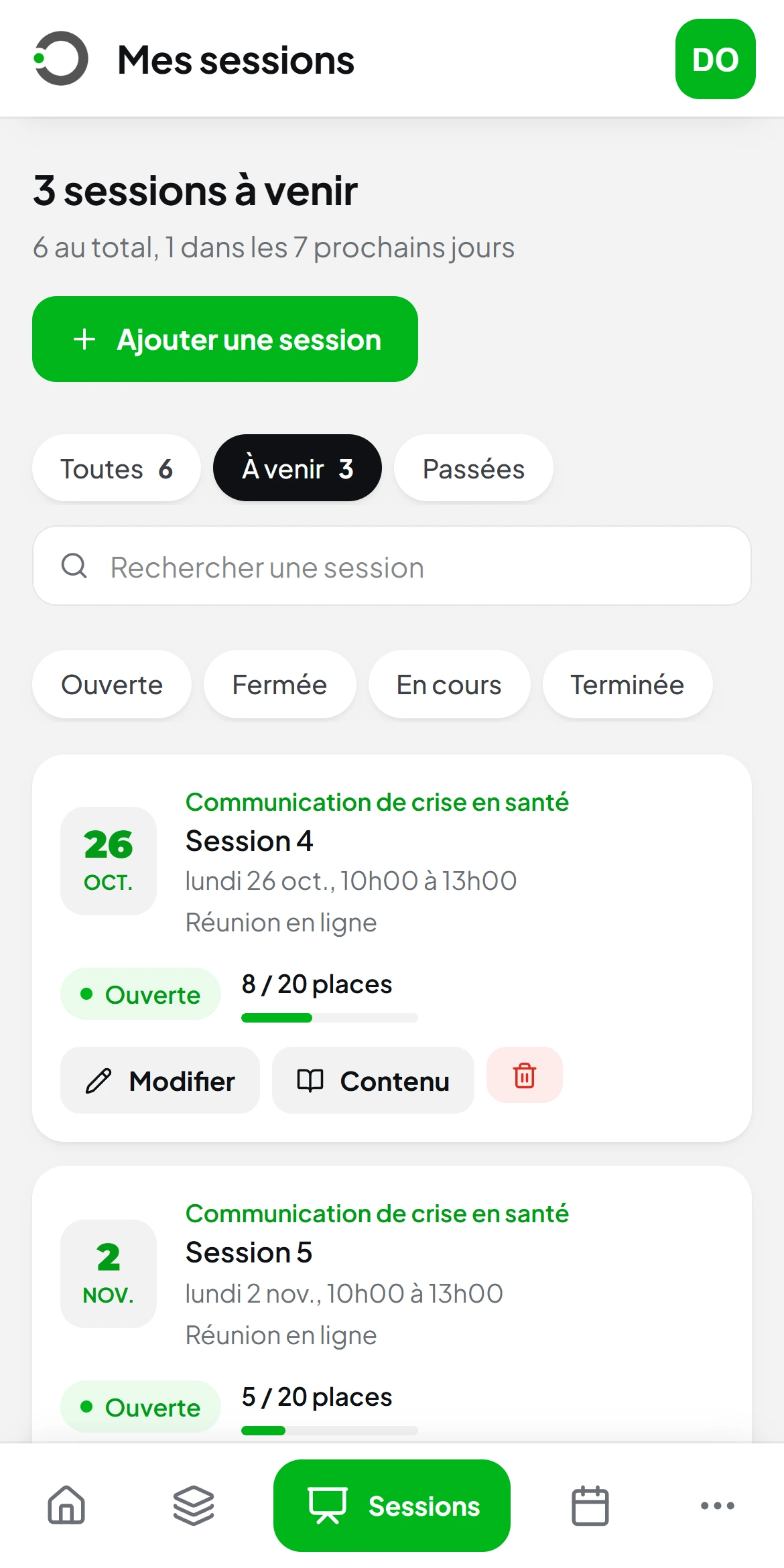 Mes sessions sur téléphone